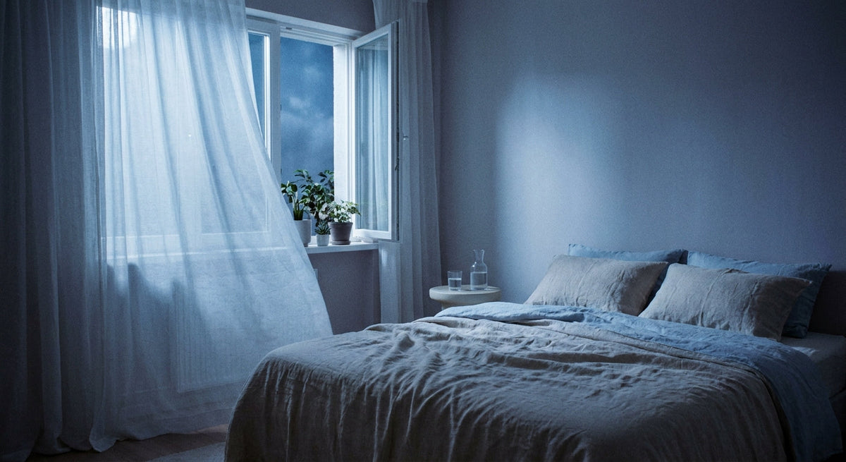 Ein ruhiges Sommerschlafzimmer bei Nacht