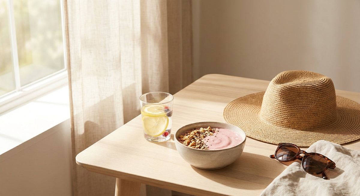Sommer-Hautpflege - Smoothie, Obst und ein Hut