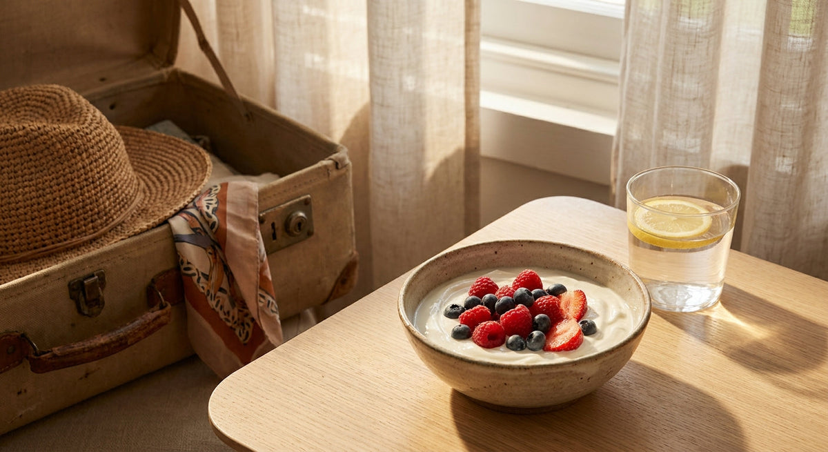 Darmfreundliches Sommeressen - Joghurt, Obst und Wasser