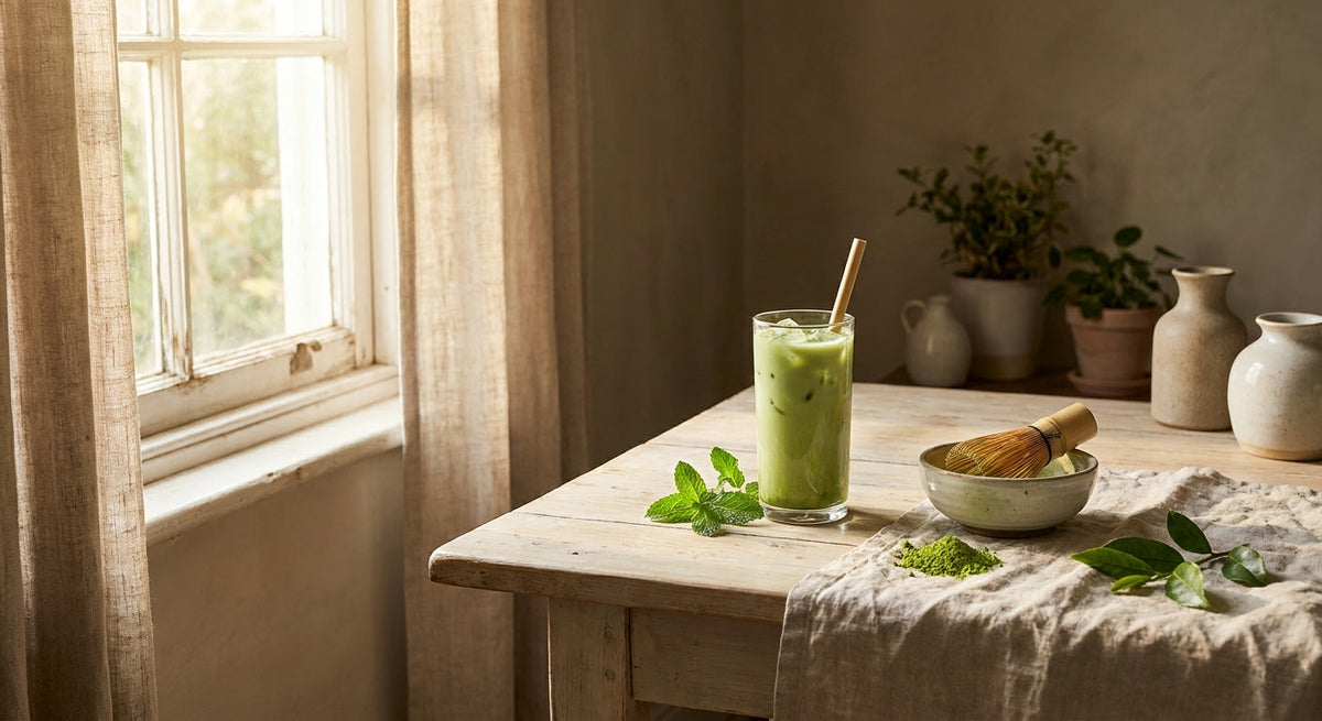 Eis-Matcha mit Bambusbesen und leuchtend grünem Pulver