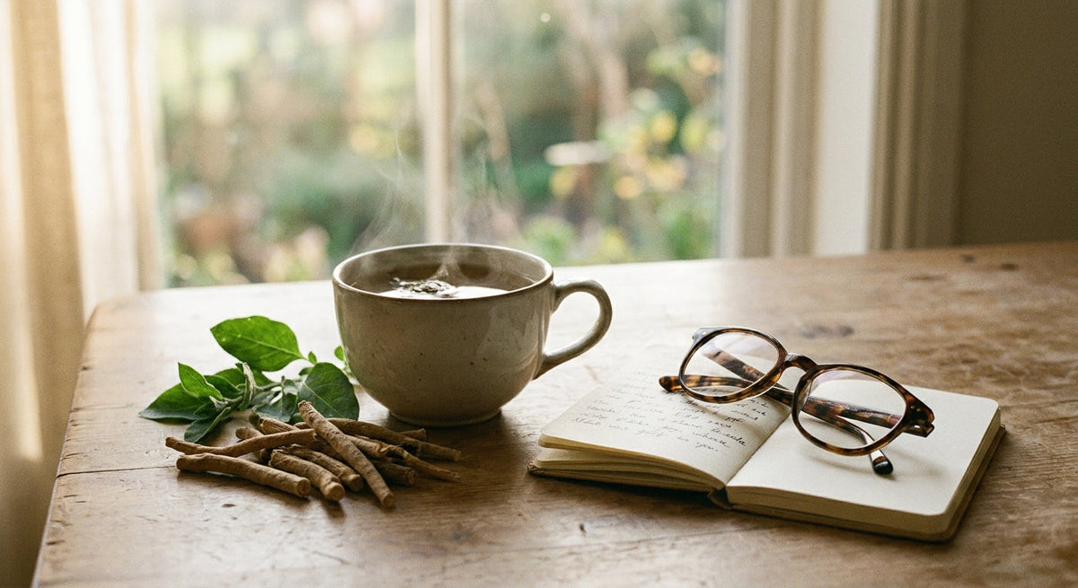 Eine ruhige Ecke mit Kräutertee und Ashwagandha-Wurzeln