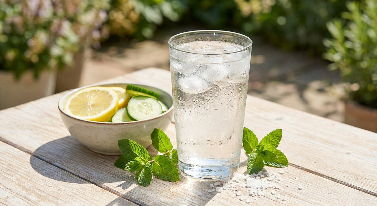 Ein Glas Wasser mit Zitrone, Gurke und Minze auf einem hellen Tisch an einem Sommertag