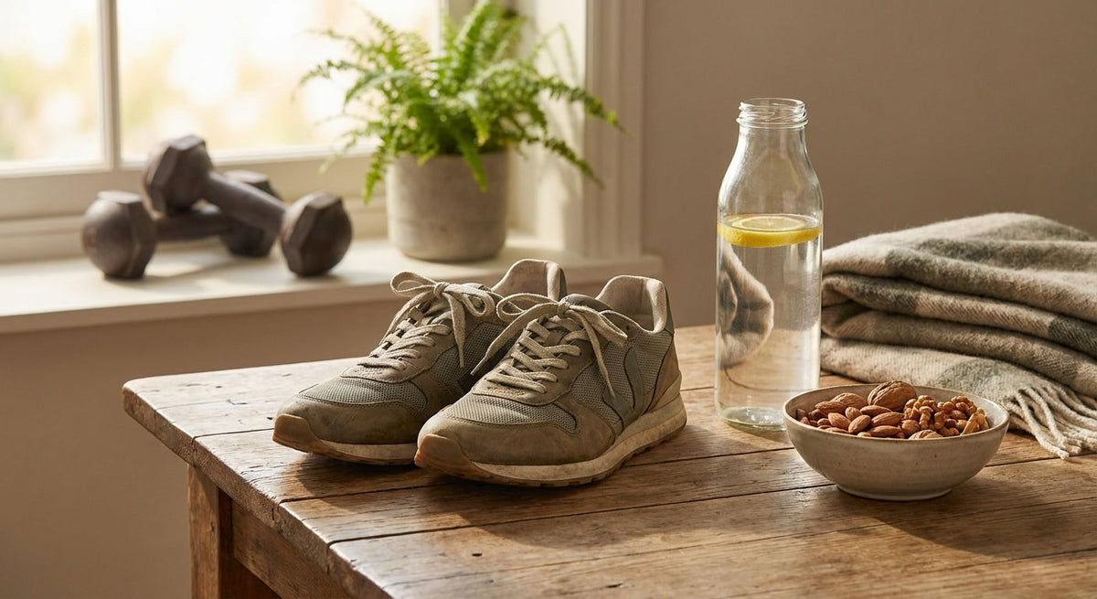 Laufschuhe, eine Wasserflasche und eine Schale Nüsse auf einem hellen Tisch
