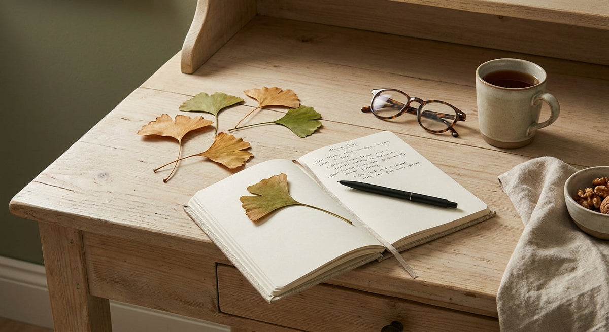 Fächerförmige Ginkgo-biloba-Blätter, ein Notizbuch und eine Brille auf einem hellen Schreibtisch