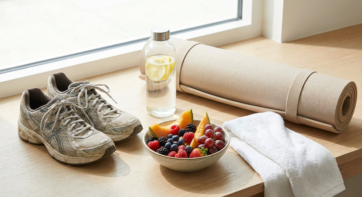 Laufschuhe, eine Wasserflasche, eine Fitnessmatte und eine Schale Obst