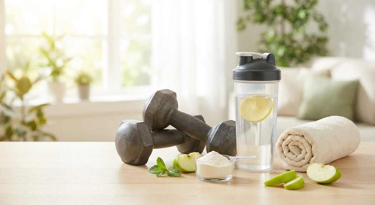 Hanteln, ein Shaker mit Wasser und eine Portion weißes Pulver auf heller Fläche