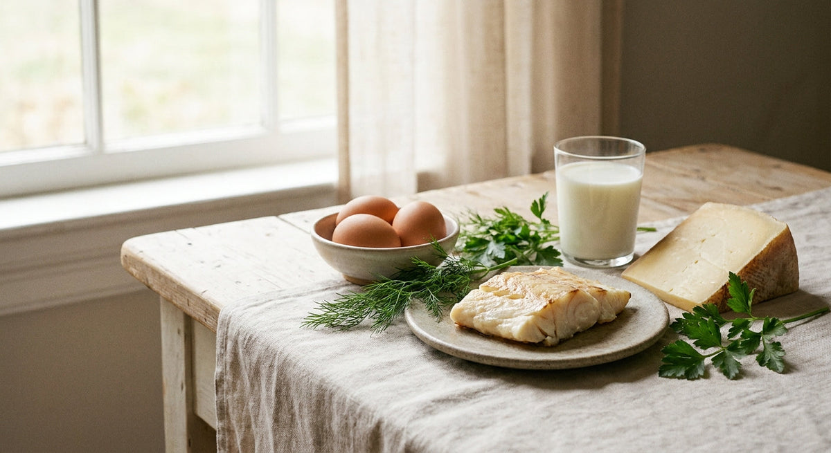 Eier, Fisch, Käse und ein Glas Milch auf hellem Tisch - Lebensmittel reich an B12