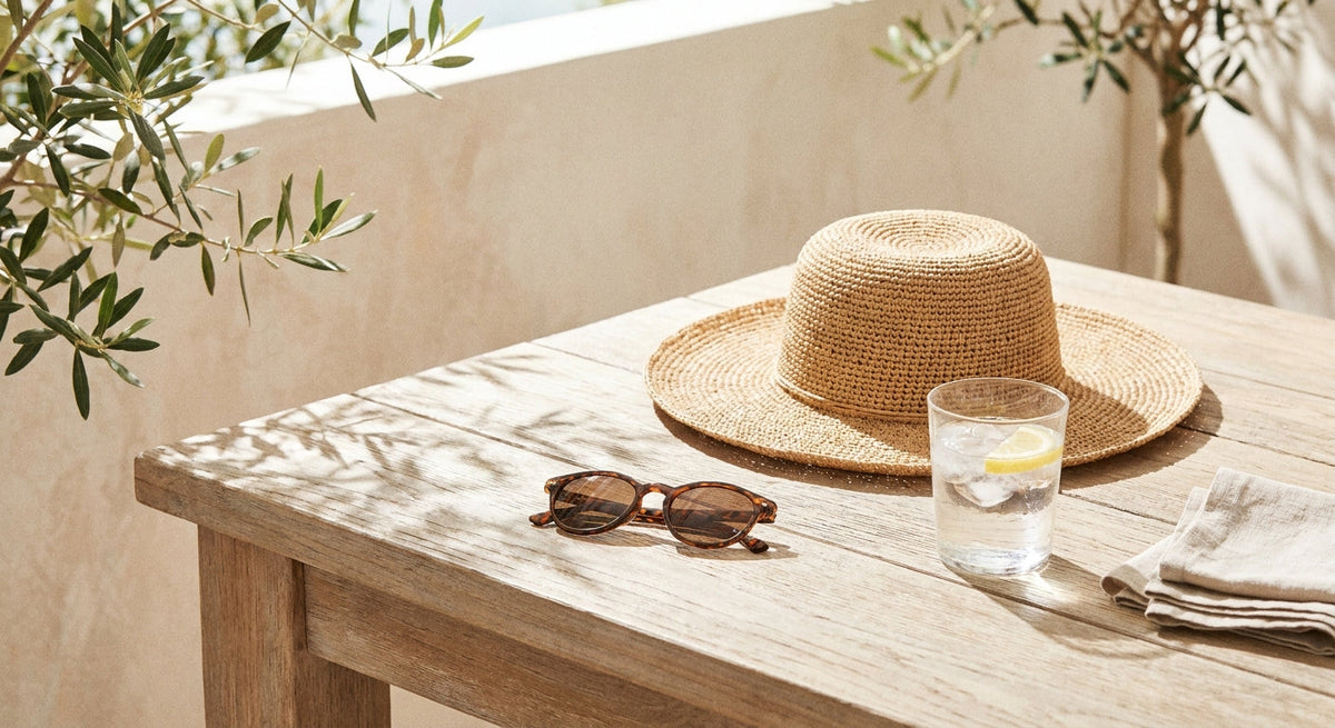 Strohhut, Sonnenbrille und ein Glas Wasser auf einer sonnigen Terrasse