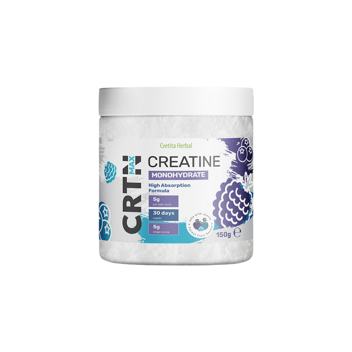 Kreatin Max (CRTN MAX) Kreatin-Monohydrat-Pulver mit Messlöffel und einem Glas Wasser neben einer Langhantel im Fitnessstudio