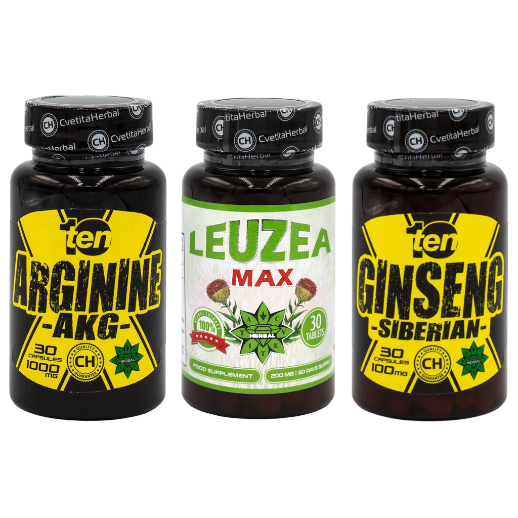 COMBO PAKET: Leuzea 30 Tabletten + TEN Arginine 40 Tabletten + Ten Siberian Ginseng 30 Tabletten