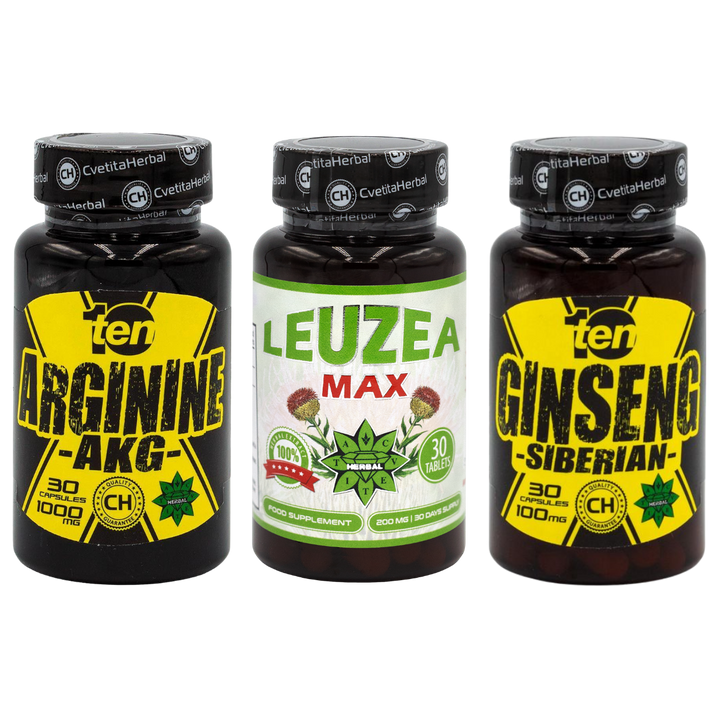 COMBO PAKET: Leuzea 30 Tabletten + TEN Arginine 40 Tabletten + Ten Siberian Ginseng 30 Tabletten