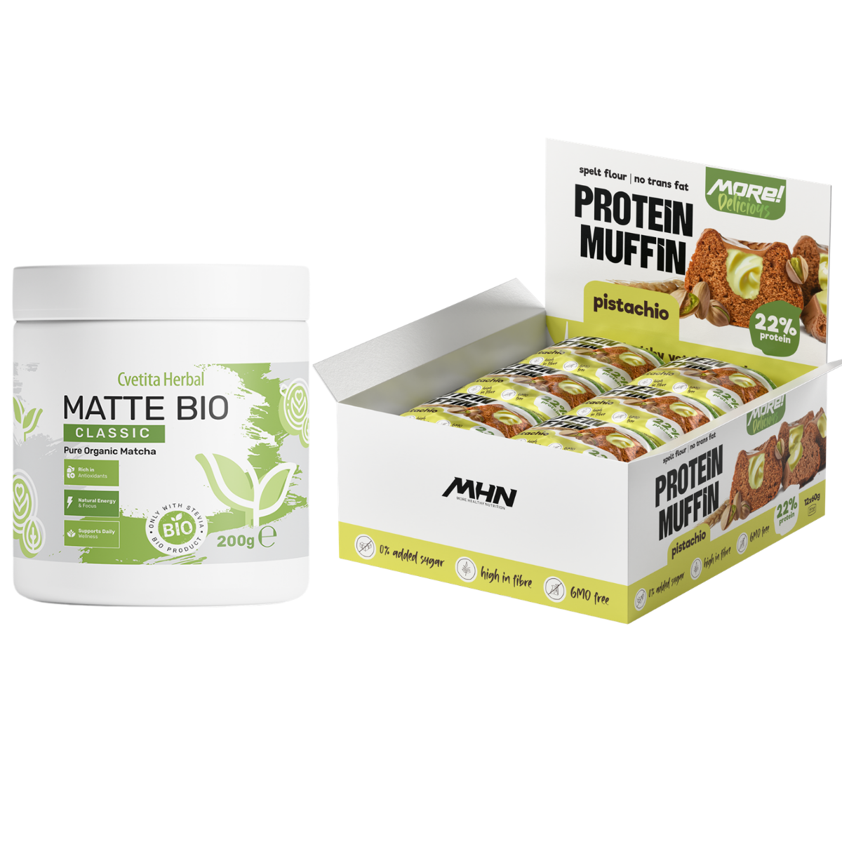 Matte Bio (БИО МАТЧА ЛАТЕ) + Кутия протеинови мъфини с вкус пистачио MHN
